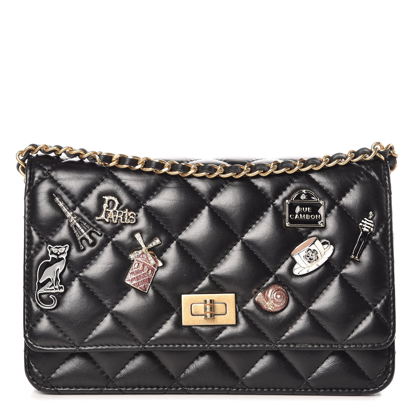 Aged Calfskin Quilted Lucky Charms 2.55 Reissue Wallet On Chain WOC Black
