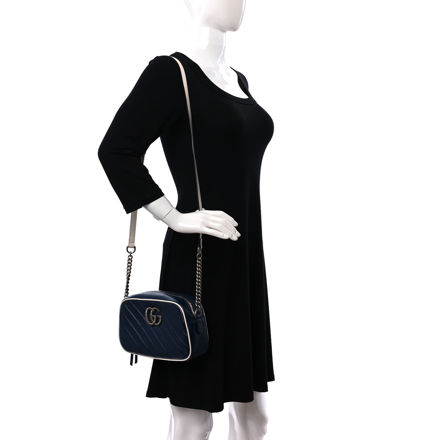 Gucci Vintage Effect Calfskin Matelasse Diagonal Small Torchon GG Marmont Chain Shoulder Bag Blue Agata Mystic White 2 of 12