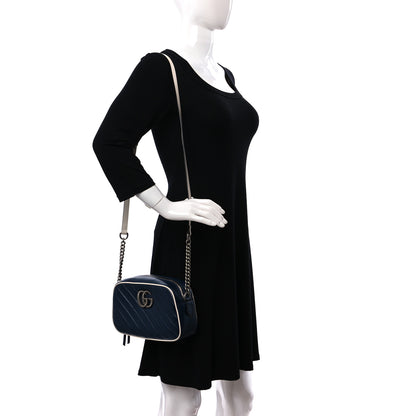 Gucci Vintage Effect Calfskin Matelasse Diagonal Small Torchon GG Marmont Chain Shoulder Bag Blue Agata Mystic White 2 of 12