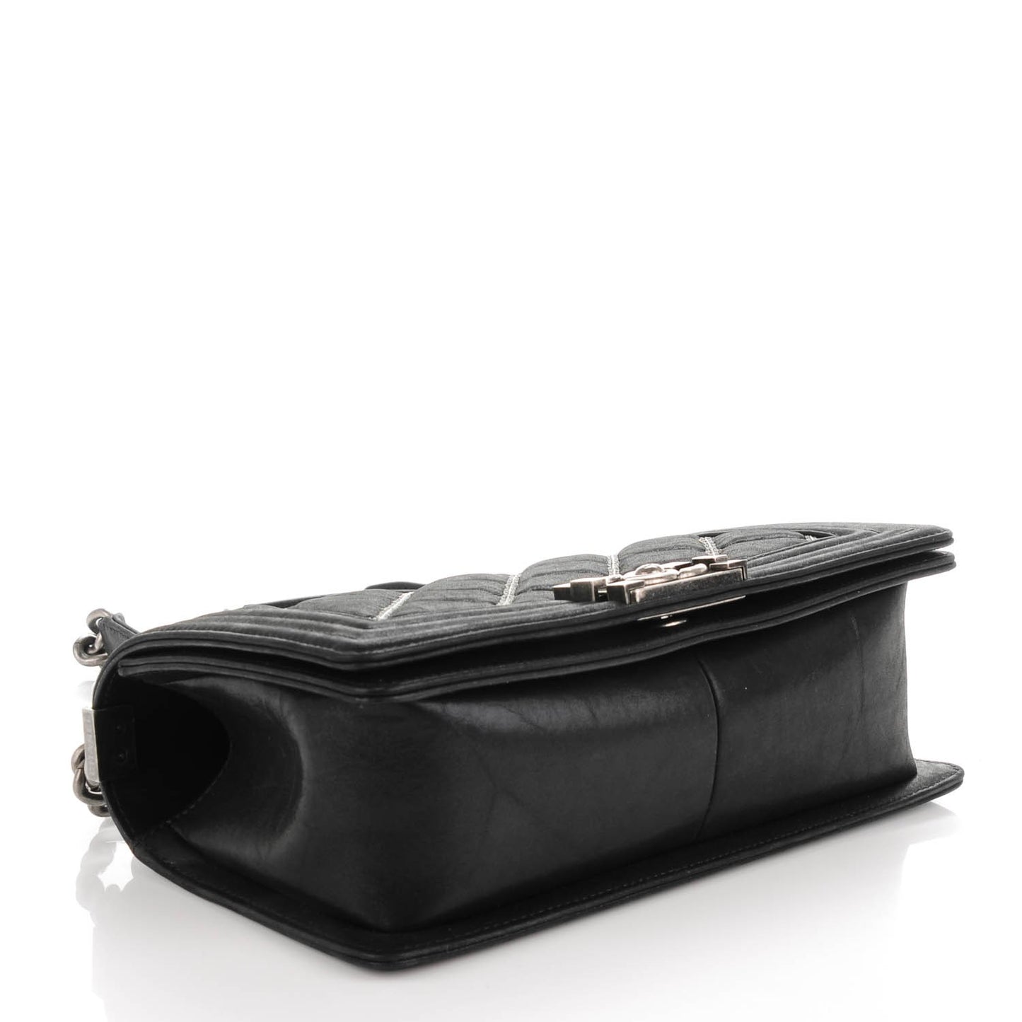 Iridescent Calfskin Embellished Double Stitch Medium Boy Flap Black