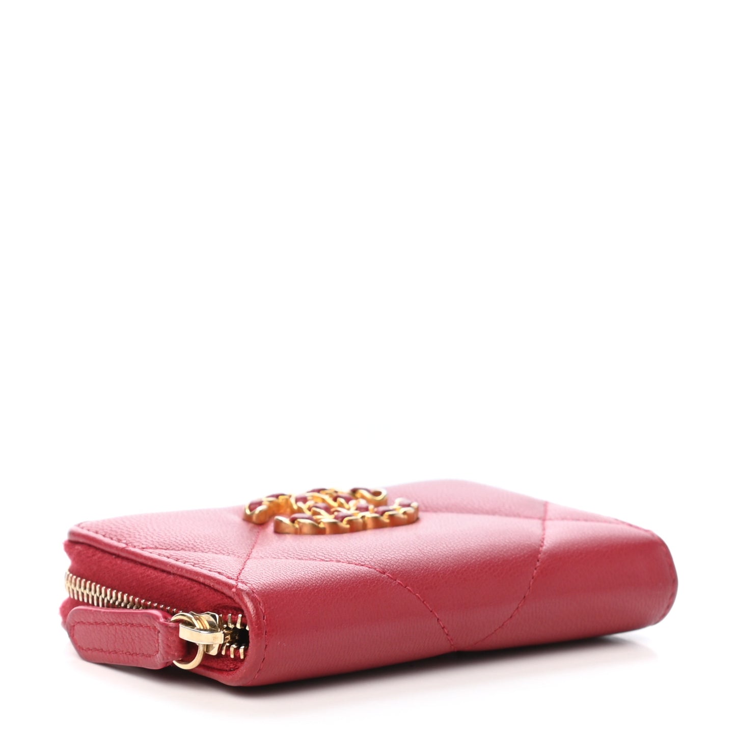Goatskin Quilted Chanel 19 Zip Around Coin Purse Wallet Red