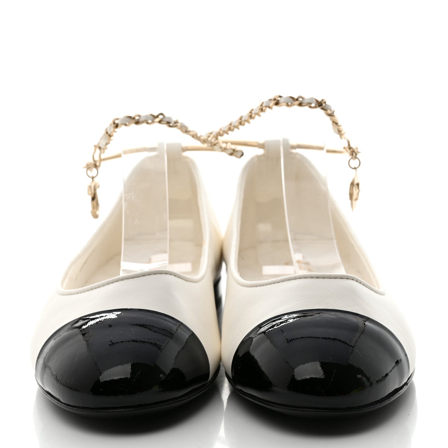 Lambskin Patent Calfskin Cap Toe Ankle Chain Ballerina Flats 37 White Black