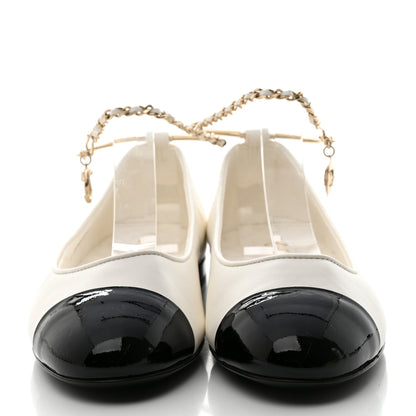 Chanel Lambskin Patent Calfskin Cap Toe Ankle Chain Ballerina Flats 37 White Black 2 of 9