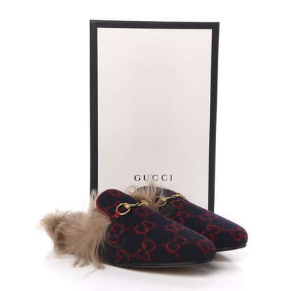 Gucci Covered Wool Big GG Monogram Fur Womens Princetown Slippers 38 Blue Red Butterscotch 8 of 8