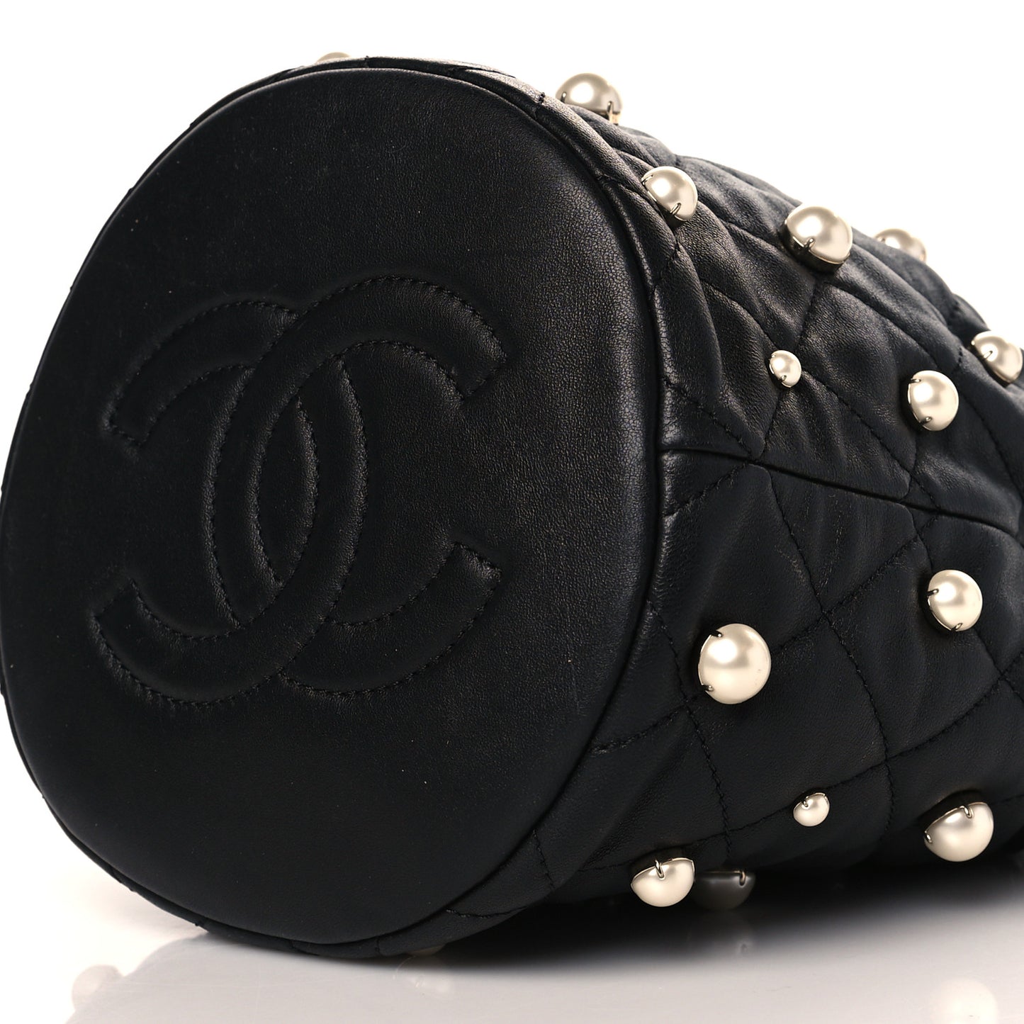 Lambskin Quilted Pearl About Pearls Drawstring Bag Black