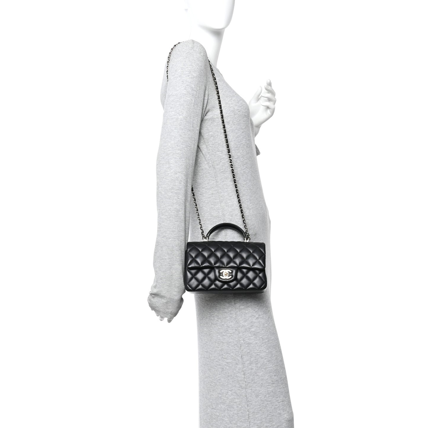 Lambskin Quilted Mini Top Handle Rectangular Flap Black