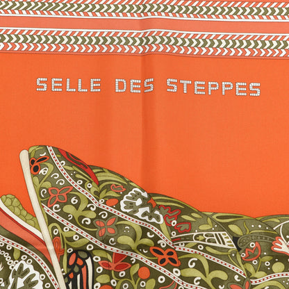 Hermes Silk Selle Des Steppes Scarf 90 Orange Kaki Corail 3 of 5