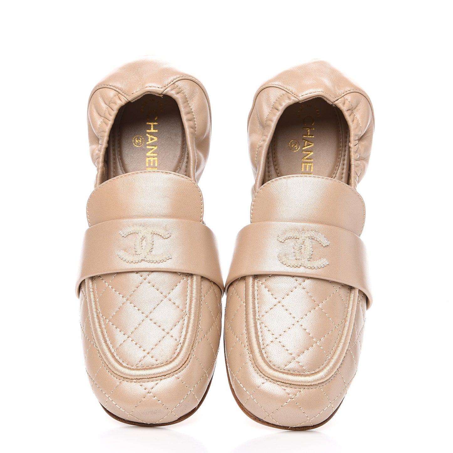Laminated Lambskin Womens Quilted Elastic CC Moccasin Loafers 36 Beige