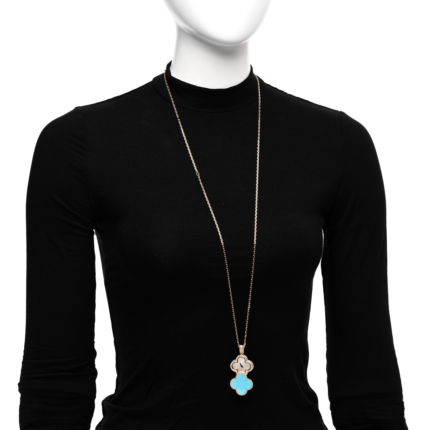 Van Cleef & Arpels 18K Yellow Gold Diamond Turquoise Mother of Pearl 28mm Alhambra Secret Pendant Quartz Watch 2 of 5