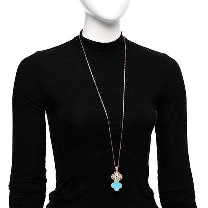 Van Cleef & Arpels 18K Yellow Gold Diamond Turquoise Mother of Pearl 28mm Alhambra Secret Pendant Quartz Watch 2 of 5