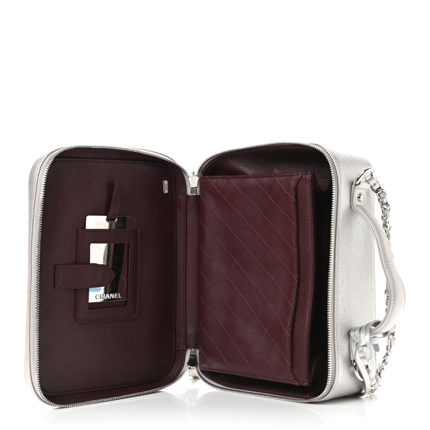 Metallic Caviar Quilted Large CC Filigree Vanity Case Silver