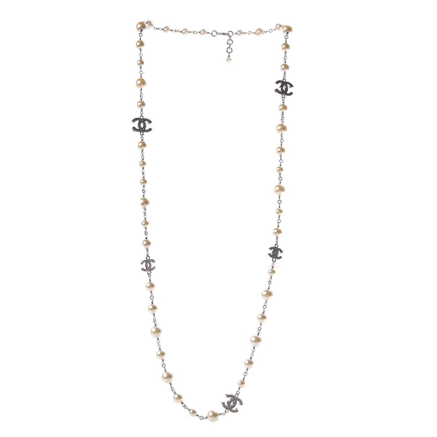 Chanel Crystal Pearl CC Long Necklace Silver 3 of 5