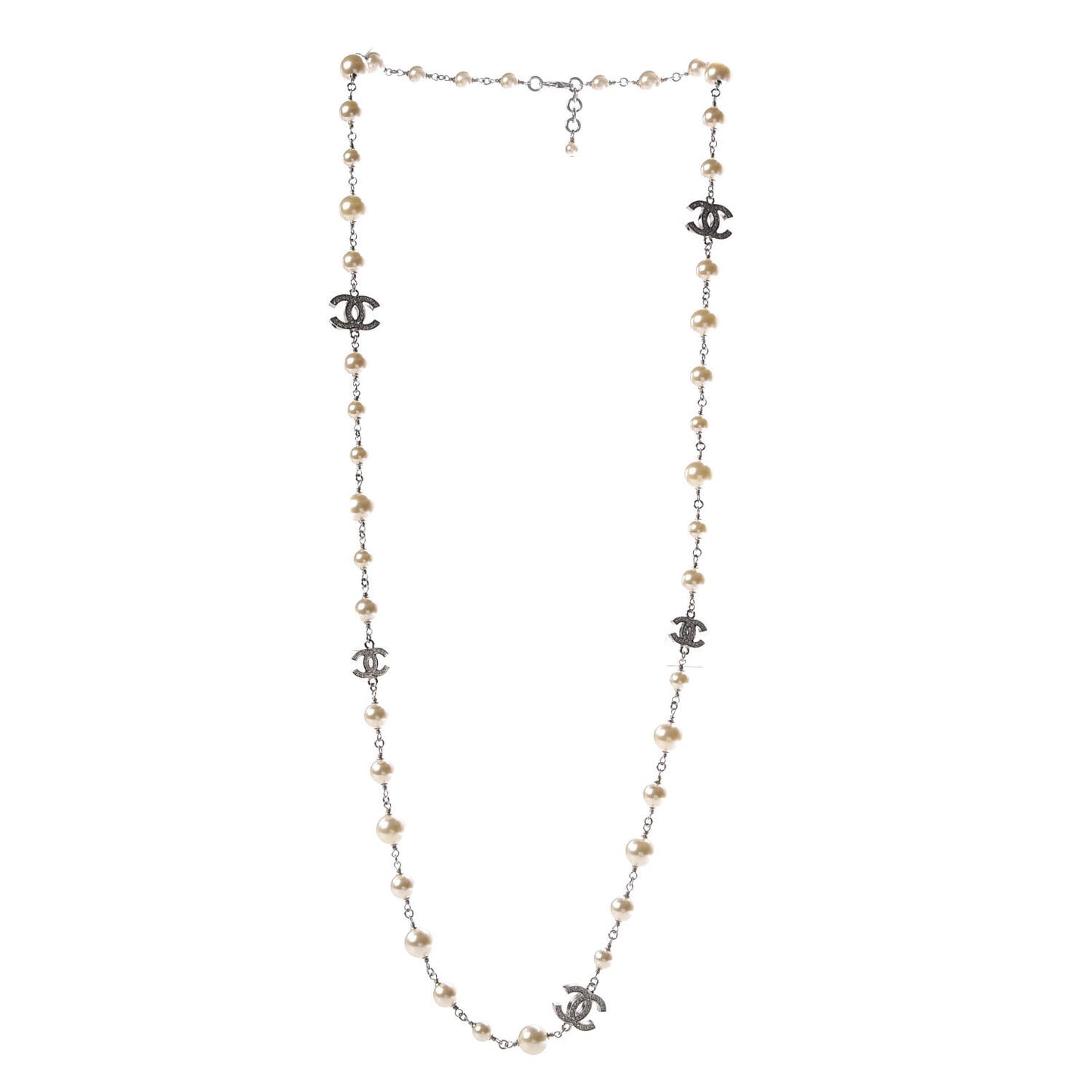 Crystal Pearl CC Long Necklace Silver