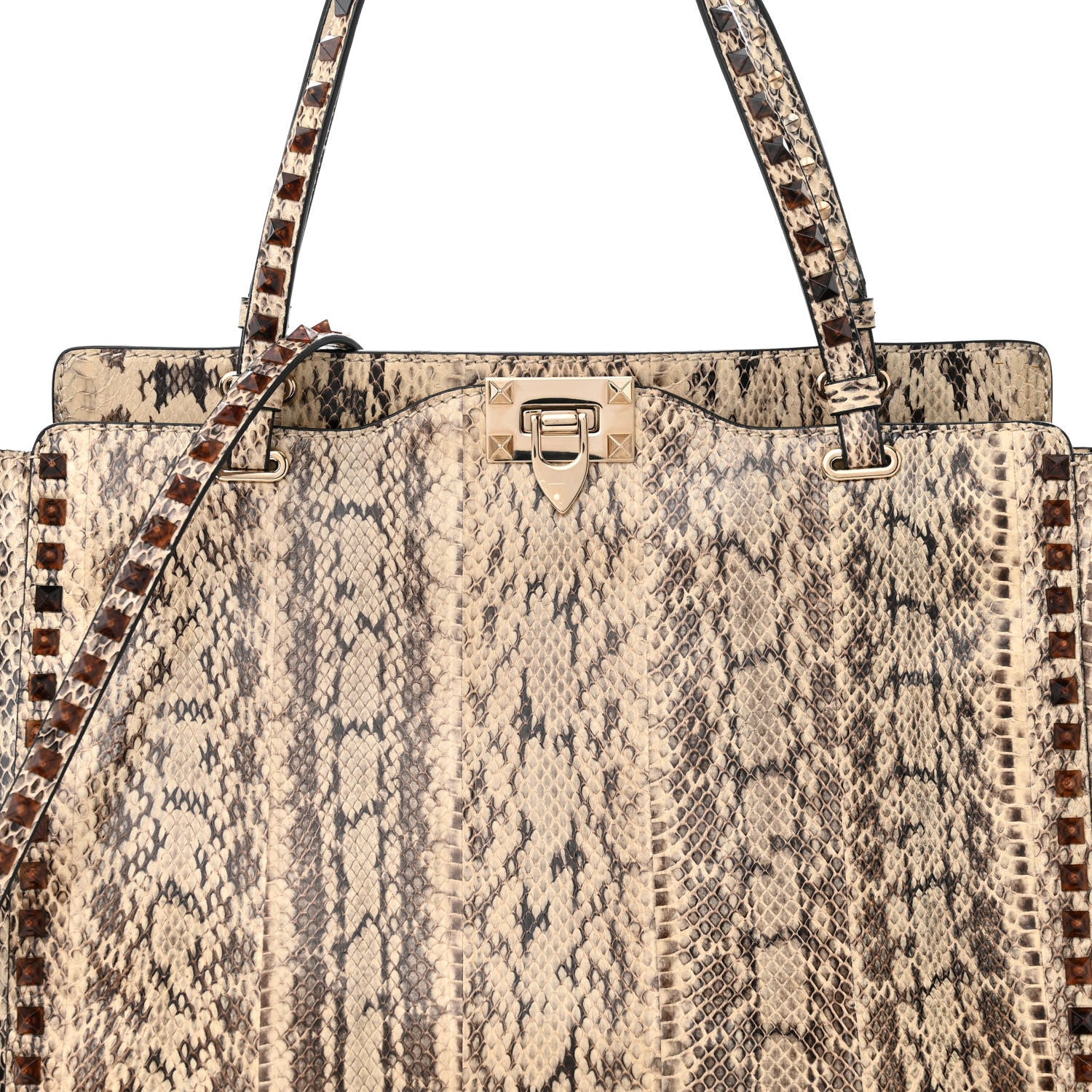 Valentino Garavani Snakeskin Medium Rockstud Tote Beige 8 of 10