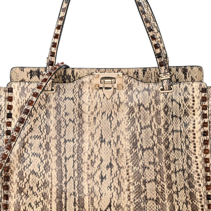 Valentino Garavani Snakeskin Medium Rockstud Tote Beige 8 of 10