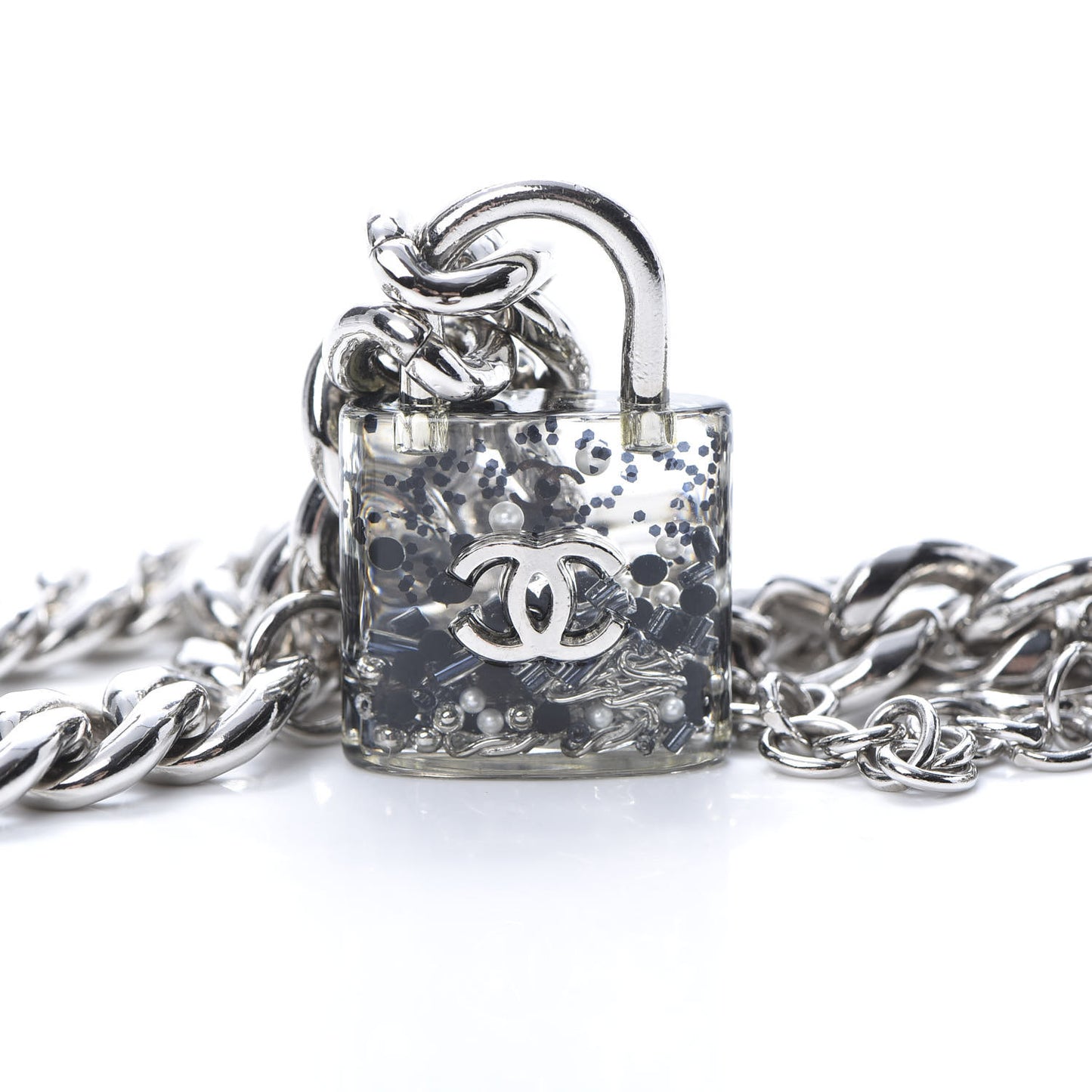 Resin CC Oversized Padlock Chain Necklace Silver Pearly White