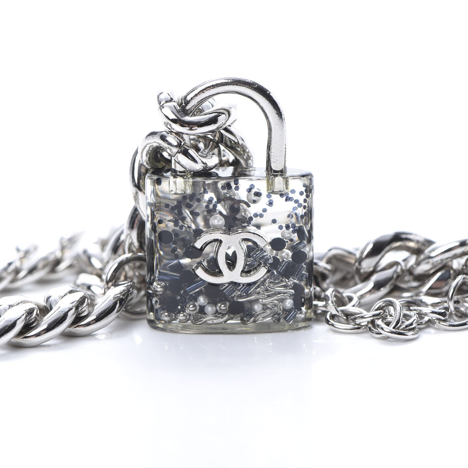 Chanel Resin CC Oversized Padlock Chain Necklace Silver Pearly White 5 of 6
