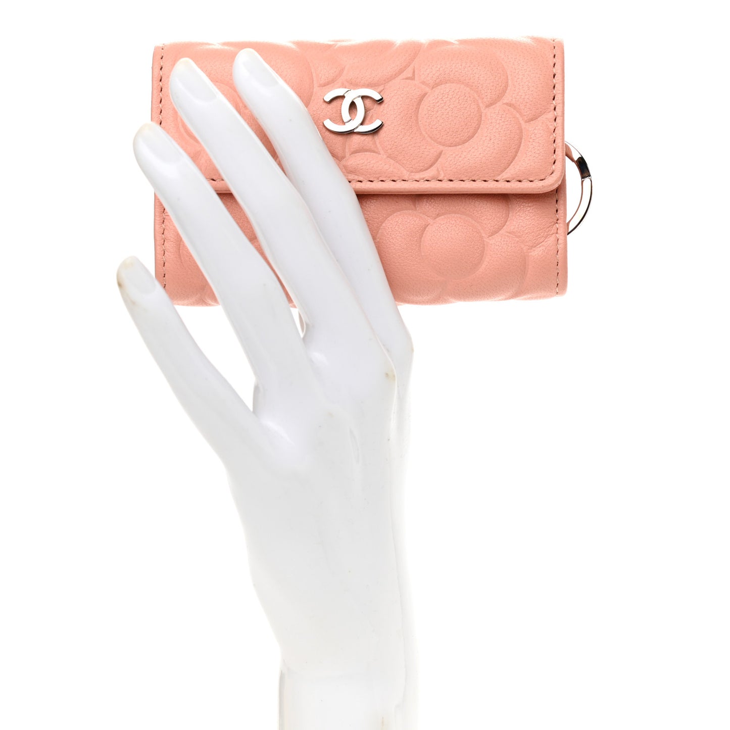 Goatskin Camellia Embossed 4 Key Holder Pink