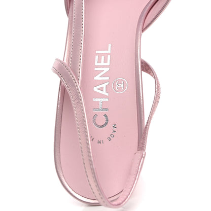 Chanel Laminated Lambskin Patent Cap Toe CC Slingback Pumps 39.5 Light Pink Black 7 of 9
