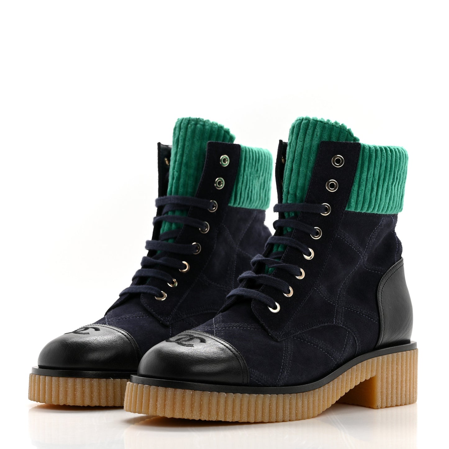 Suede Calfskin Velvet Quilted CC Combat Boots 38.5 Navy Green Black