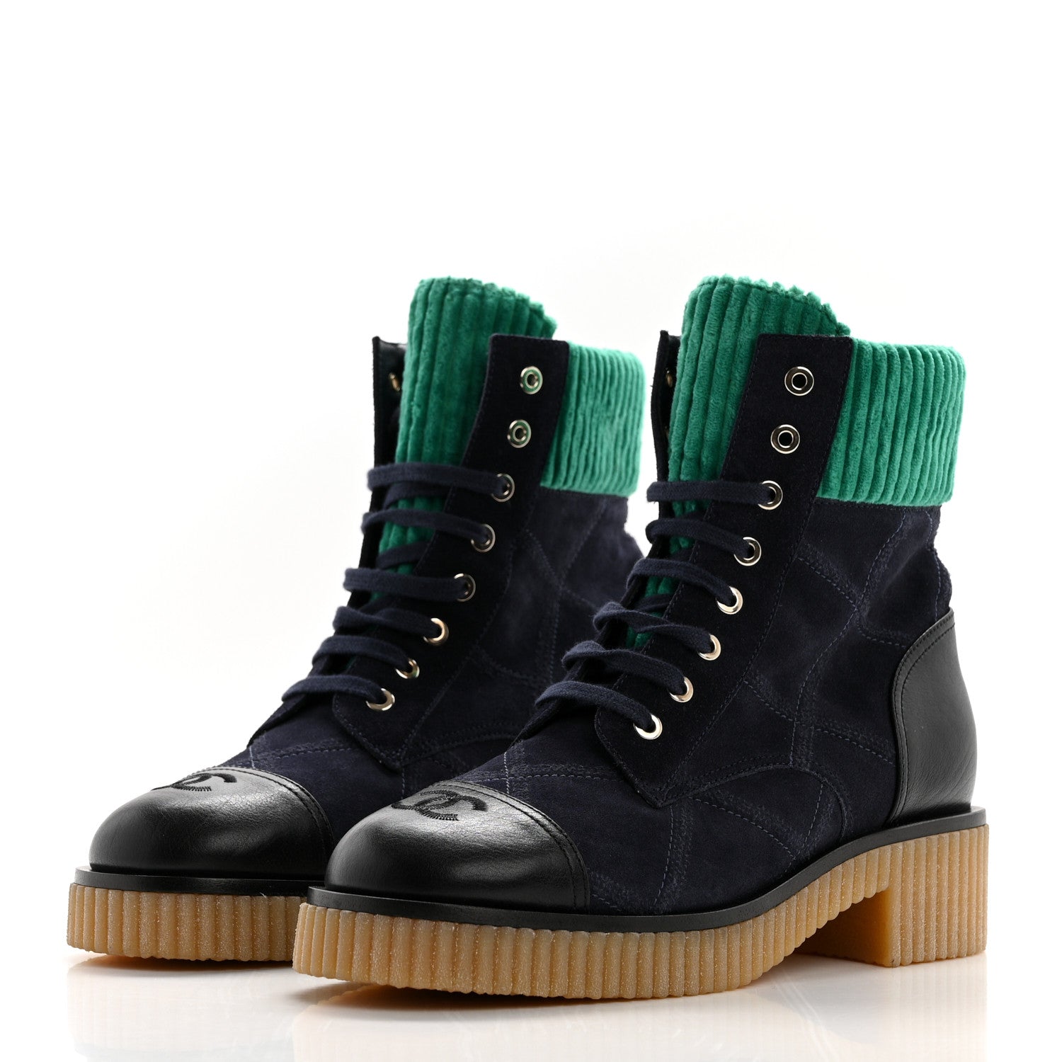 Chanel Suede Calfskin Velvet Quilted CC Combat Boots 38.5 Navy Green Black 3 of 12