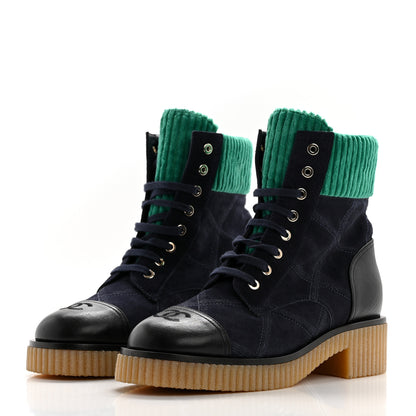 Chanel Suede Calfskin Velvet Quilted CC Combat Boots 38.5 Navy Green Black 3 of 12