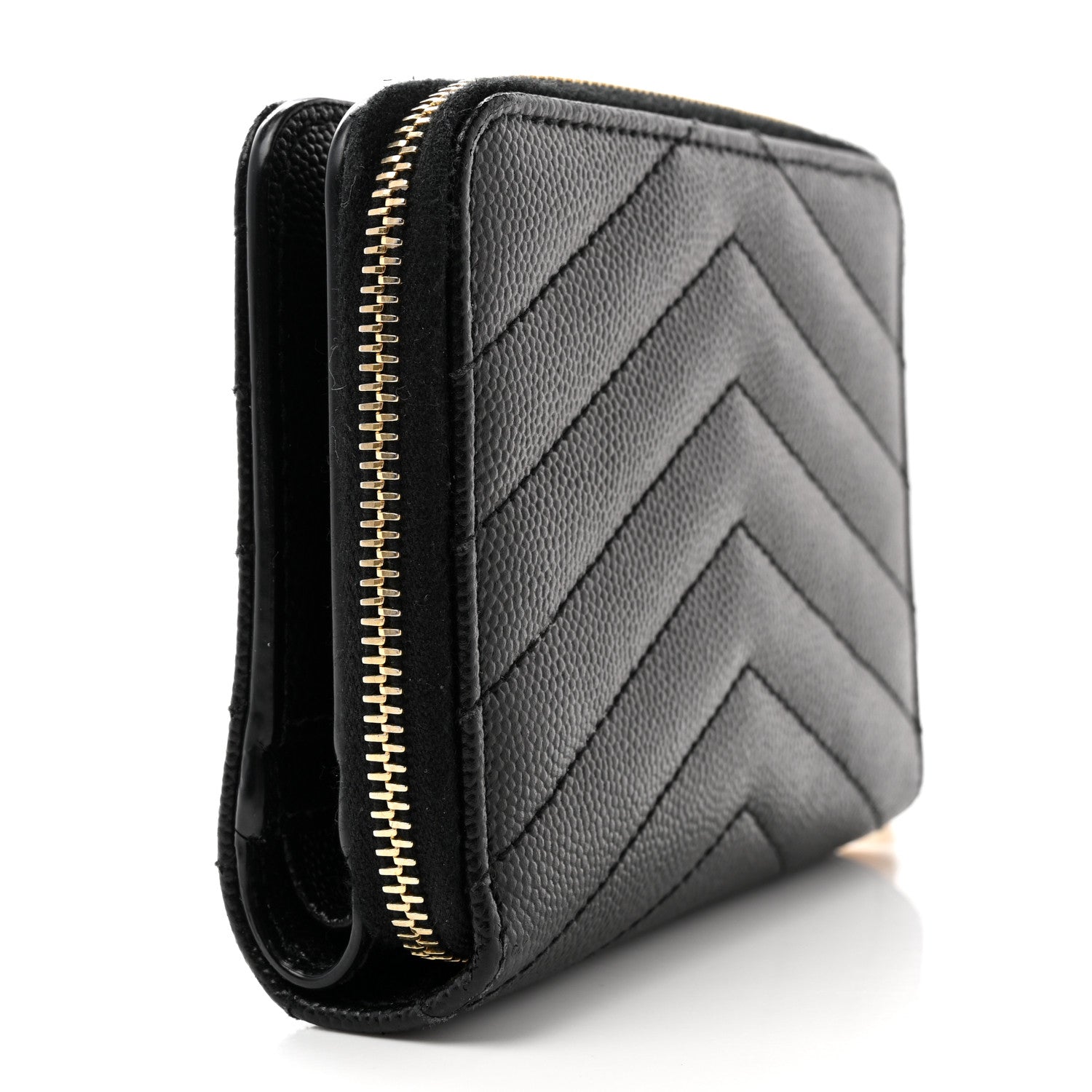 Saint Laurent Grain De Poudre Matelasse Chevron Monogram Compact Zip Around Wallet Black 3 of 9