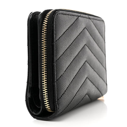 Saint Laurent Grain De Poudre Matelasse Chevron Monogram Compact Zip Around Wallet Black 3 of 9