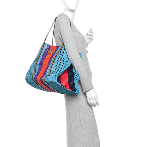 Raffia Web Woven Interlocking G Tote Blue Multicolor