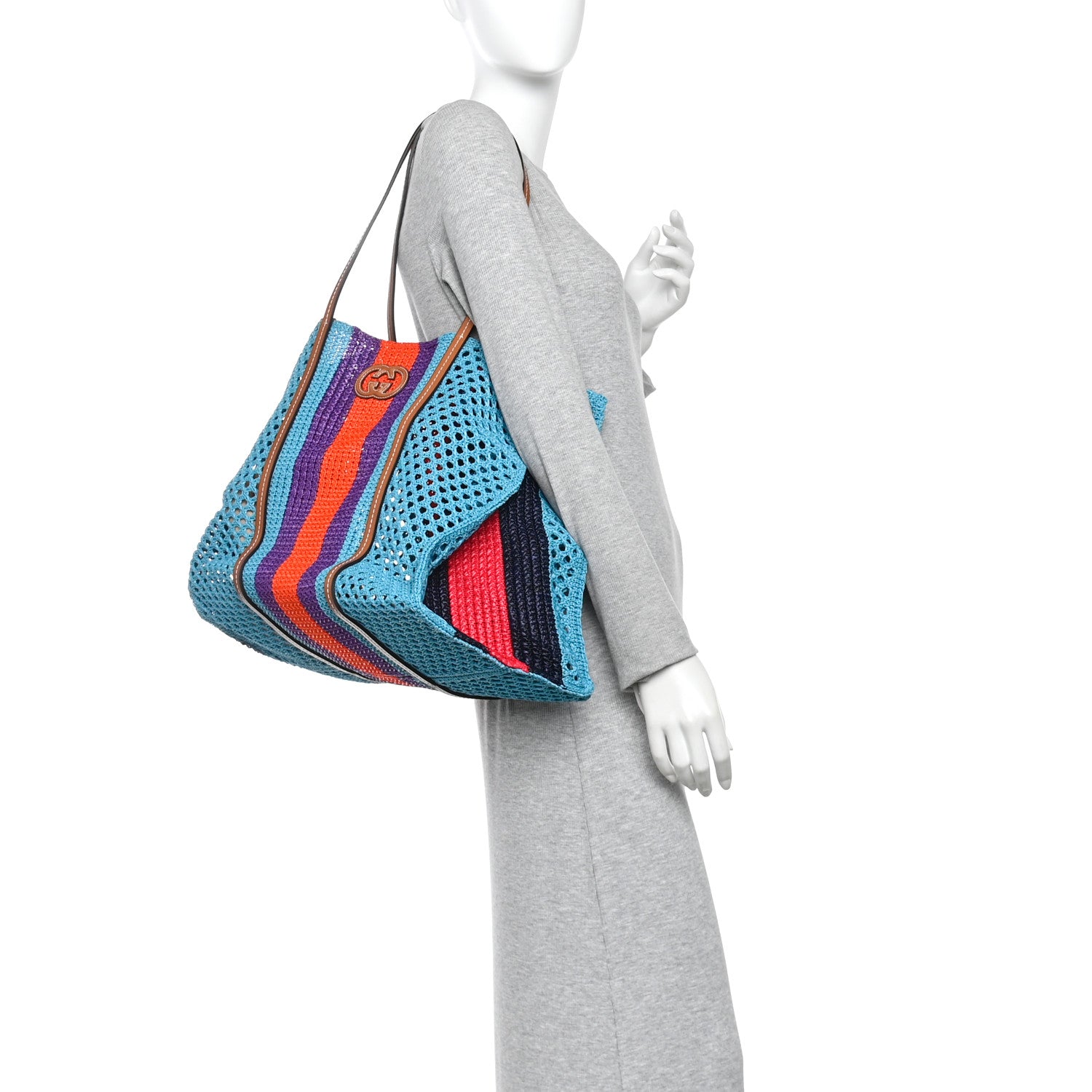 Gucci Raffia Web Woven Interlocking G Tote Blue Multicolor 2 of 10