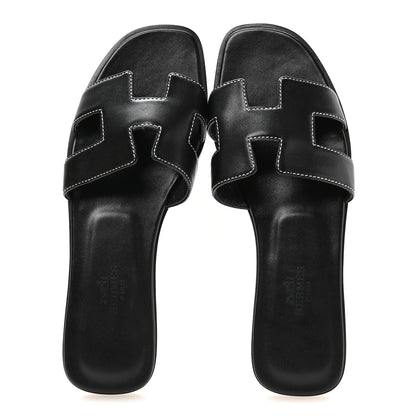Hermes Box Calfskin Oran Sandals 37 Black 2 of 8