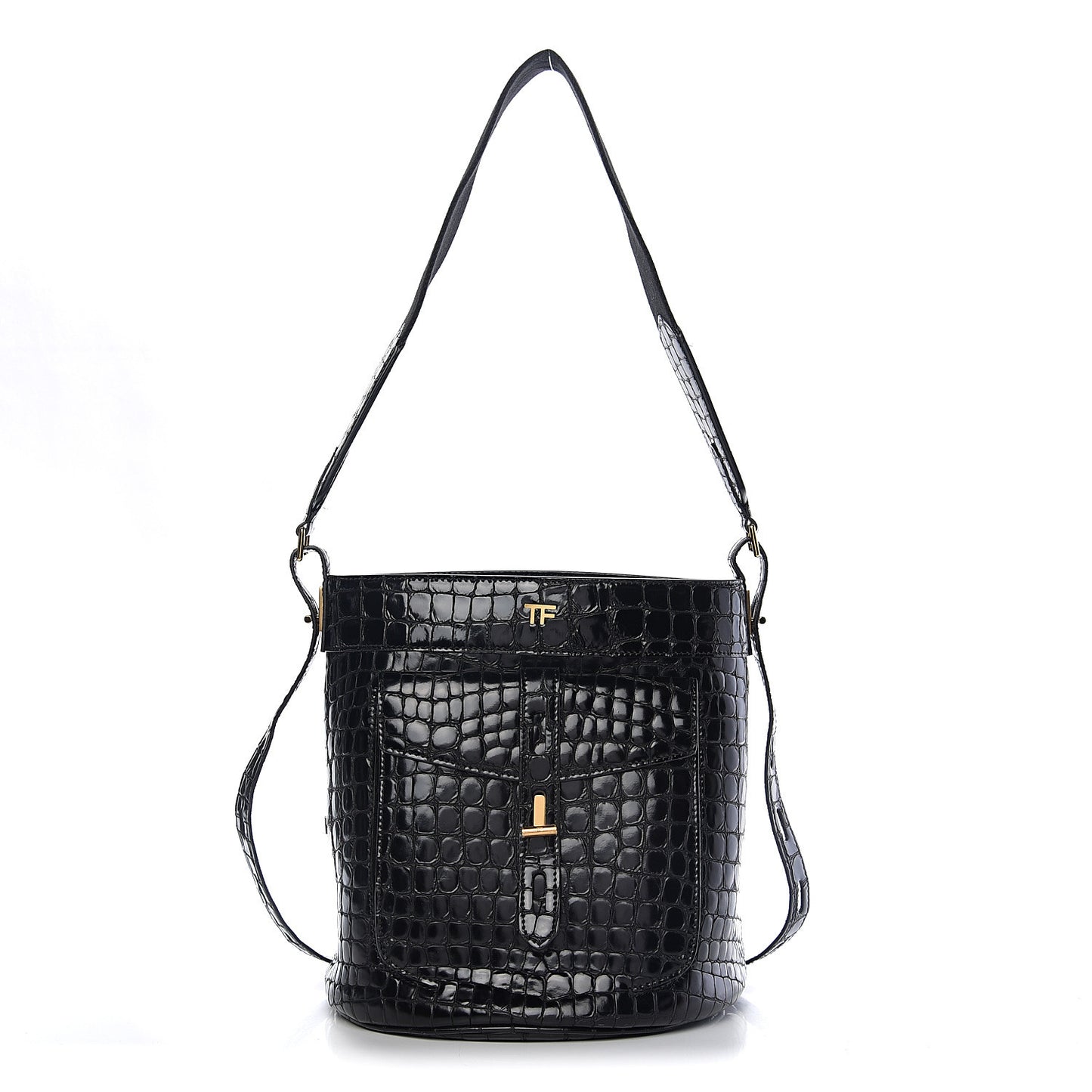 Calfskin Crocodile Embossed Bucket Bag Black