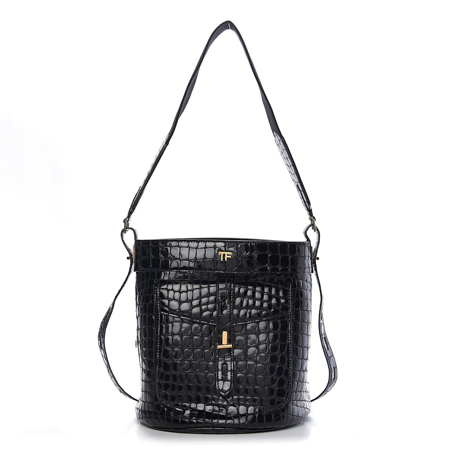 Tom Ford Calfskin Crocodile Embossed Bucket Bag Black 1 of 8