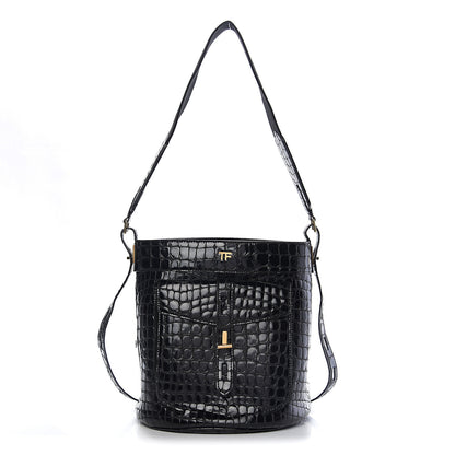 Tom Ford Calfskin Crocodile Embossed Bucket Bag Black 1 of 8