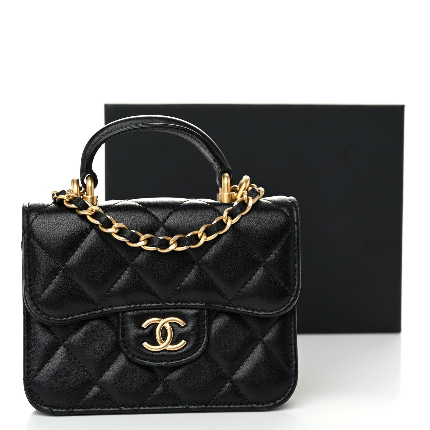 Lambskin Quilted Top Handle Flap Coin Purse With Chain Black