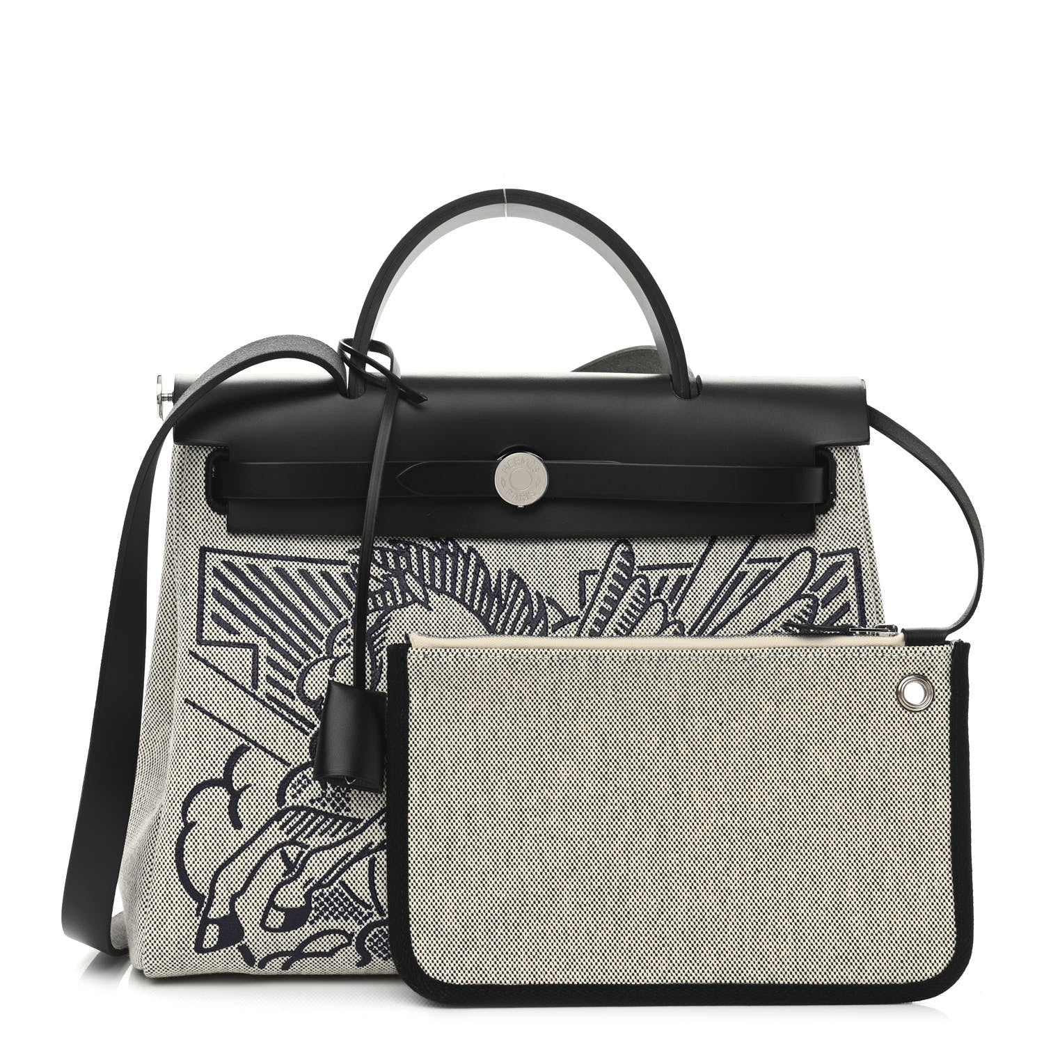 Hermes Vache Hunter Toile H Pegase Pop Herbag Zip Retourne 31 PM Bleu Indigo Ecru Black 1 of 12