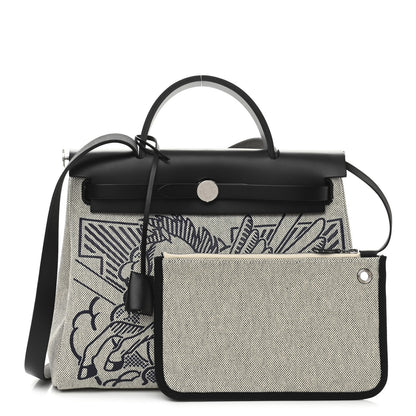 Hermes Vache Hunter Toile H Pegase Pop Herbag Zip Retourne 31 PM Bleu Indigo Ecru Black 1 of 12