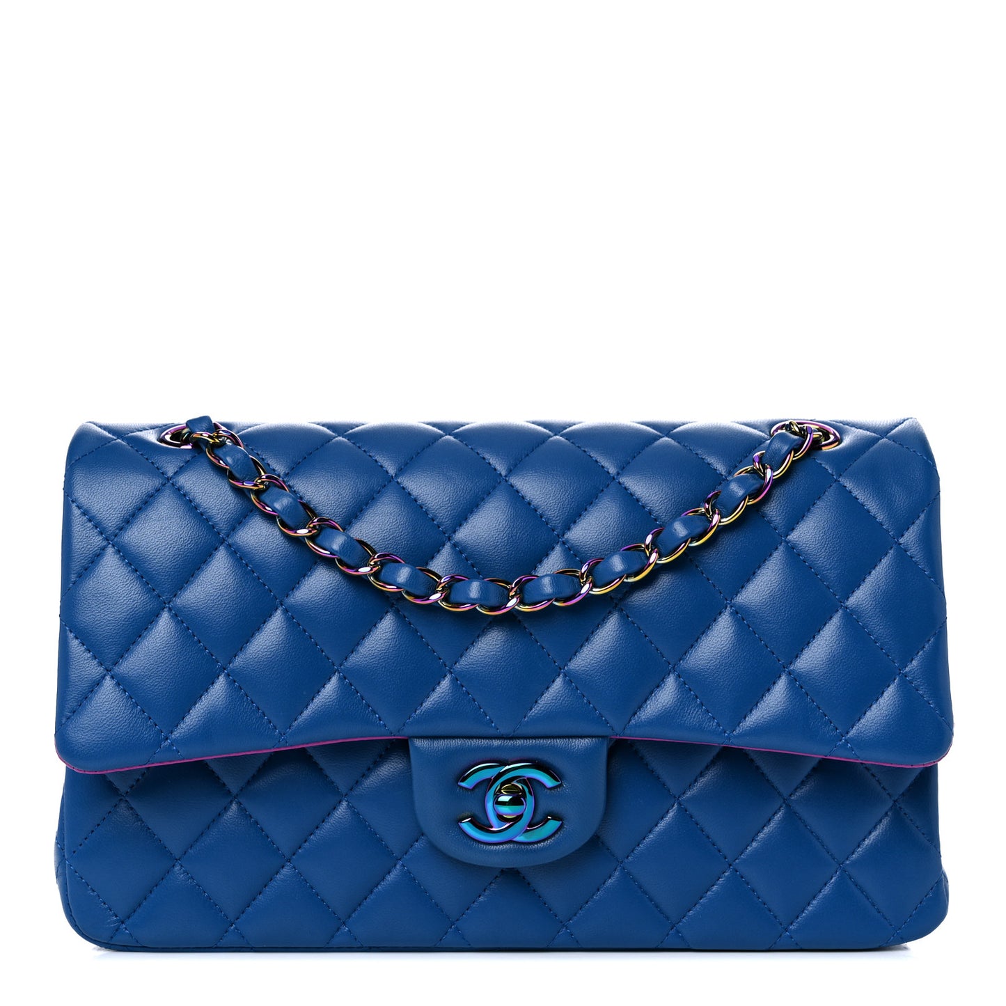 Lambskin Quilted Medium Double Flap Blue Pink