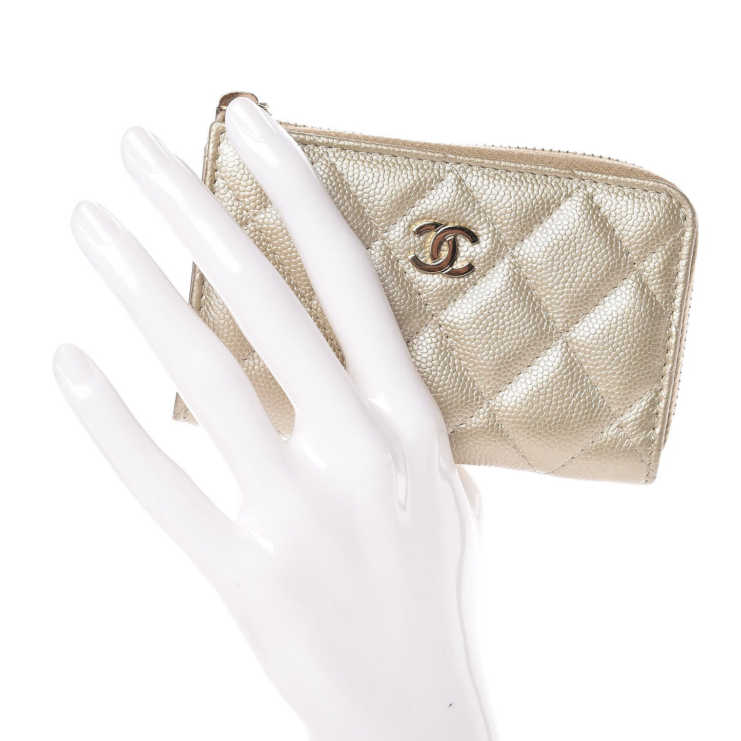 Metallic Caviar Quilted Key Holder Case Light Gold