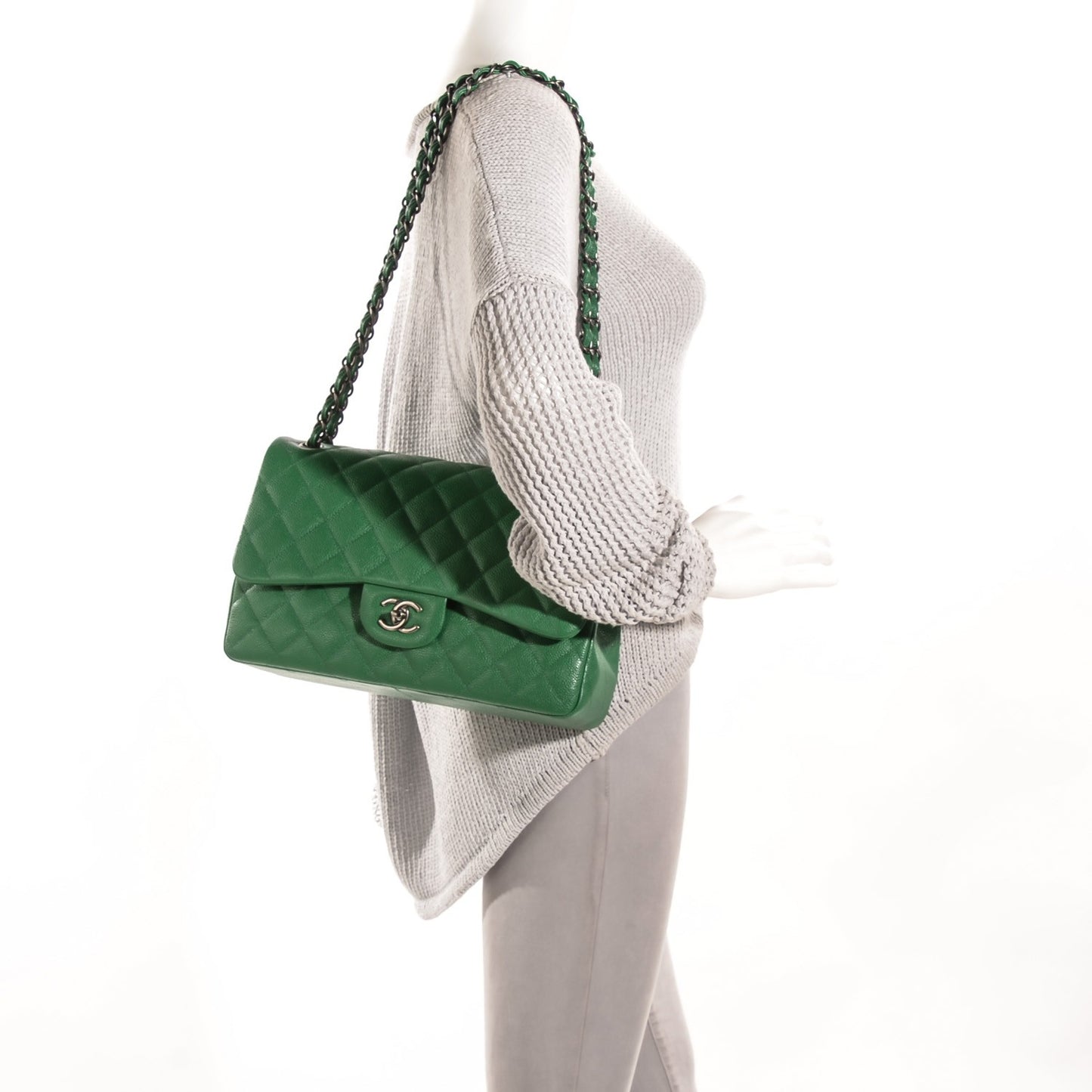 Caviar Quilted Jumbo Double Flap Green
