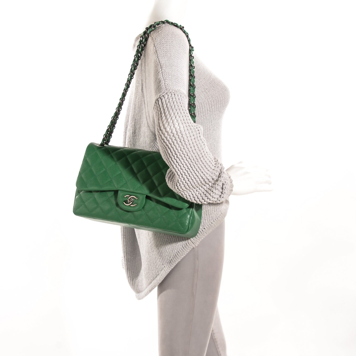 Chanel Caviar Quilted Jumbo Double Flap Green 2 of 8