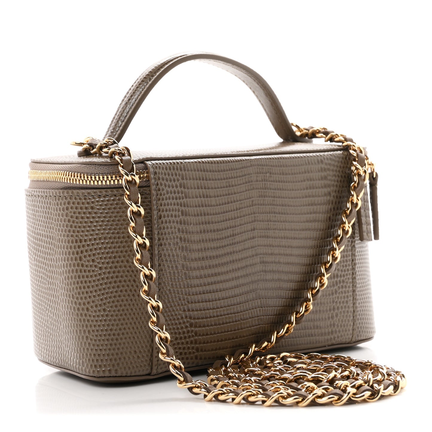 Calfskin Lizard Embossed Top Handle Vanity With Chain Dark Khaki