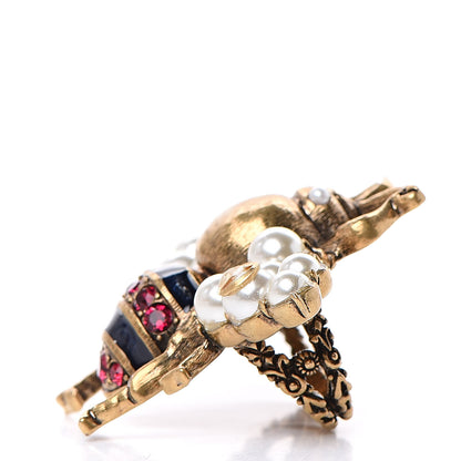 Gucci Metal Enamel Crystal Pearl Bee Ring M Aged Gold 3 of 6