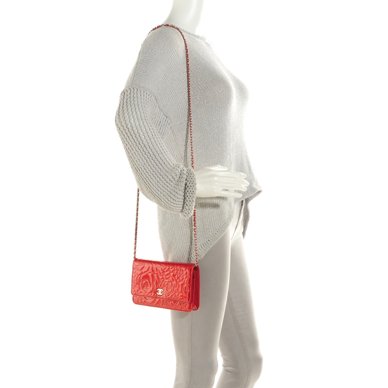Chanel Patent Camellia Embossed Wallet On Chain WOC Dark Red 2 of 8