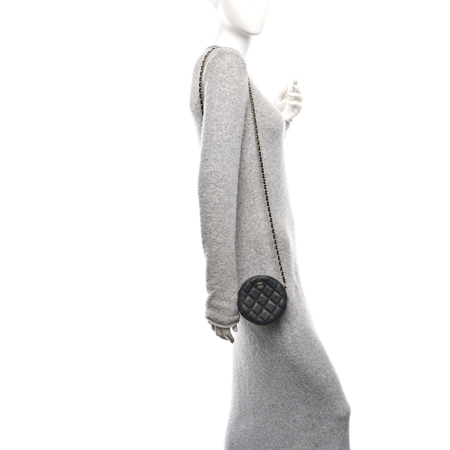 Caviar Quilted Round Clutch With Chain Black