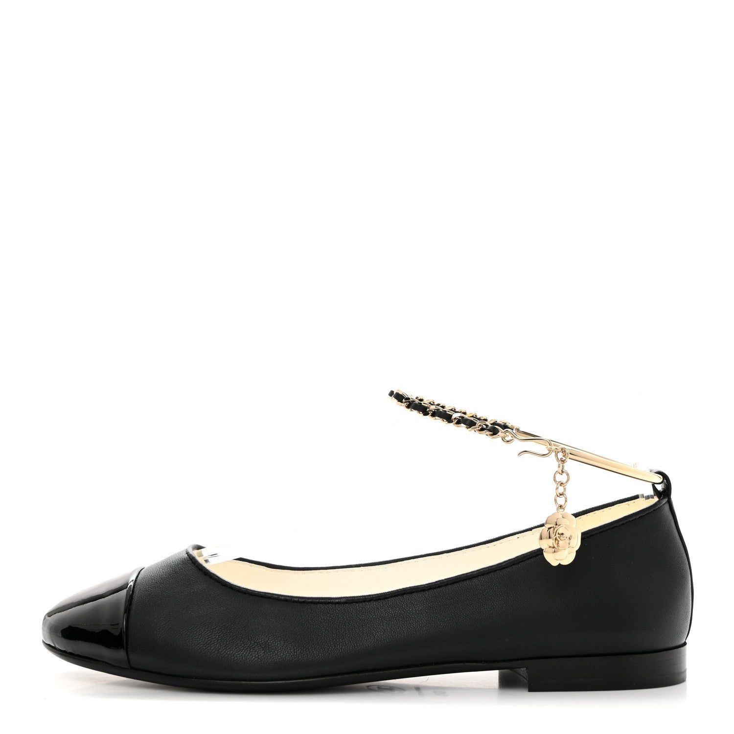 Chanel Lambskin Patent Calfskin Cap Toe Ankle Chain Ballerina Flats 37 Black 1 of 9
