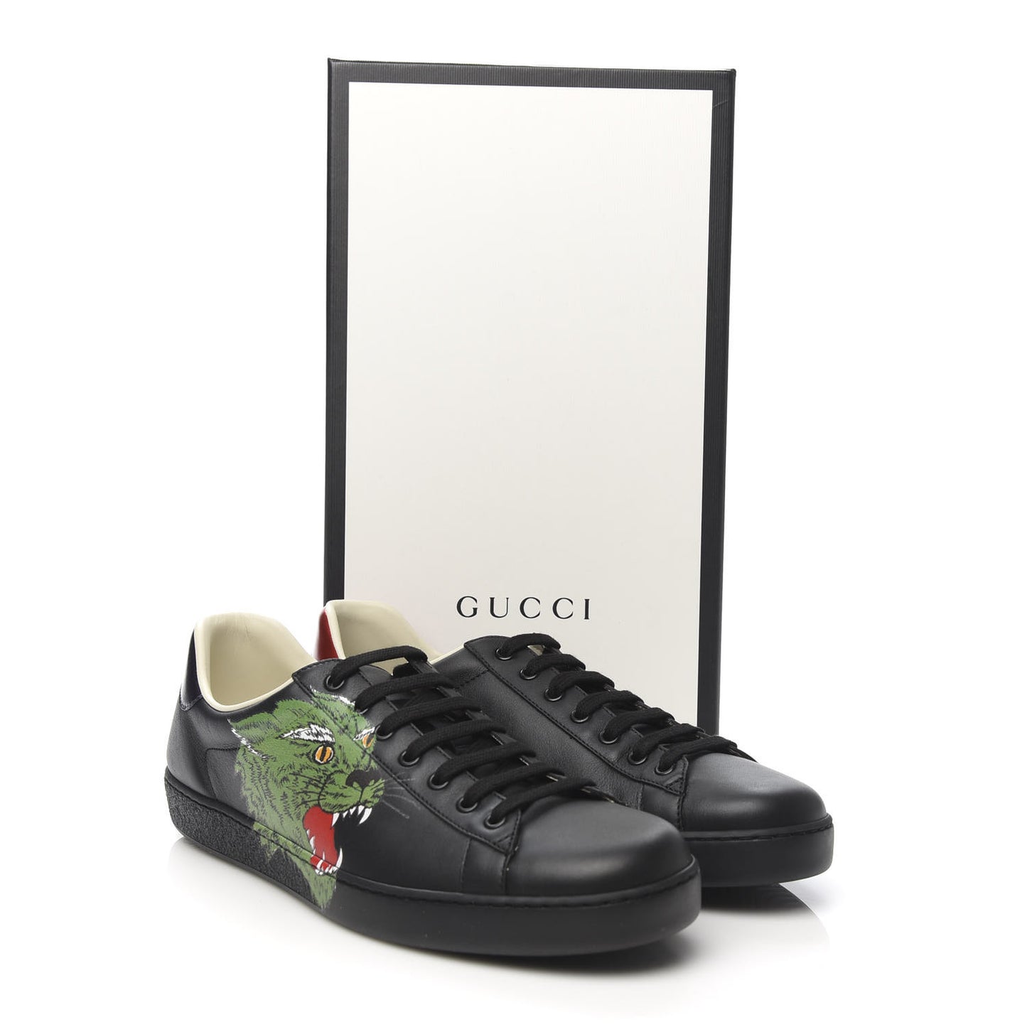 Calfskin Green Panther Print Mens Ace Sneakers 10 Black