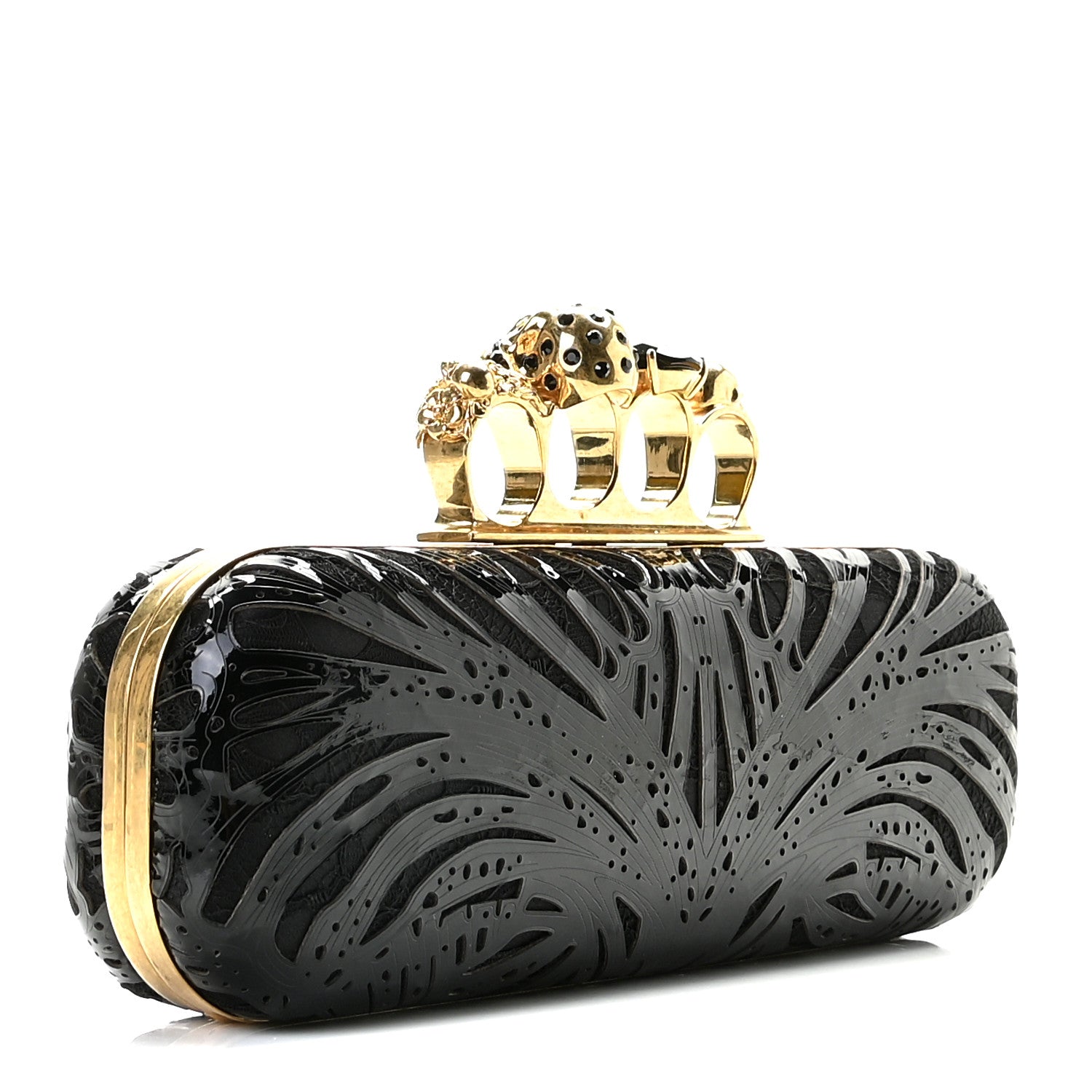 Alexander McQueen Satin Lace Patent Skull Knuckle Box Clutch Black 3 of 12
