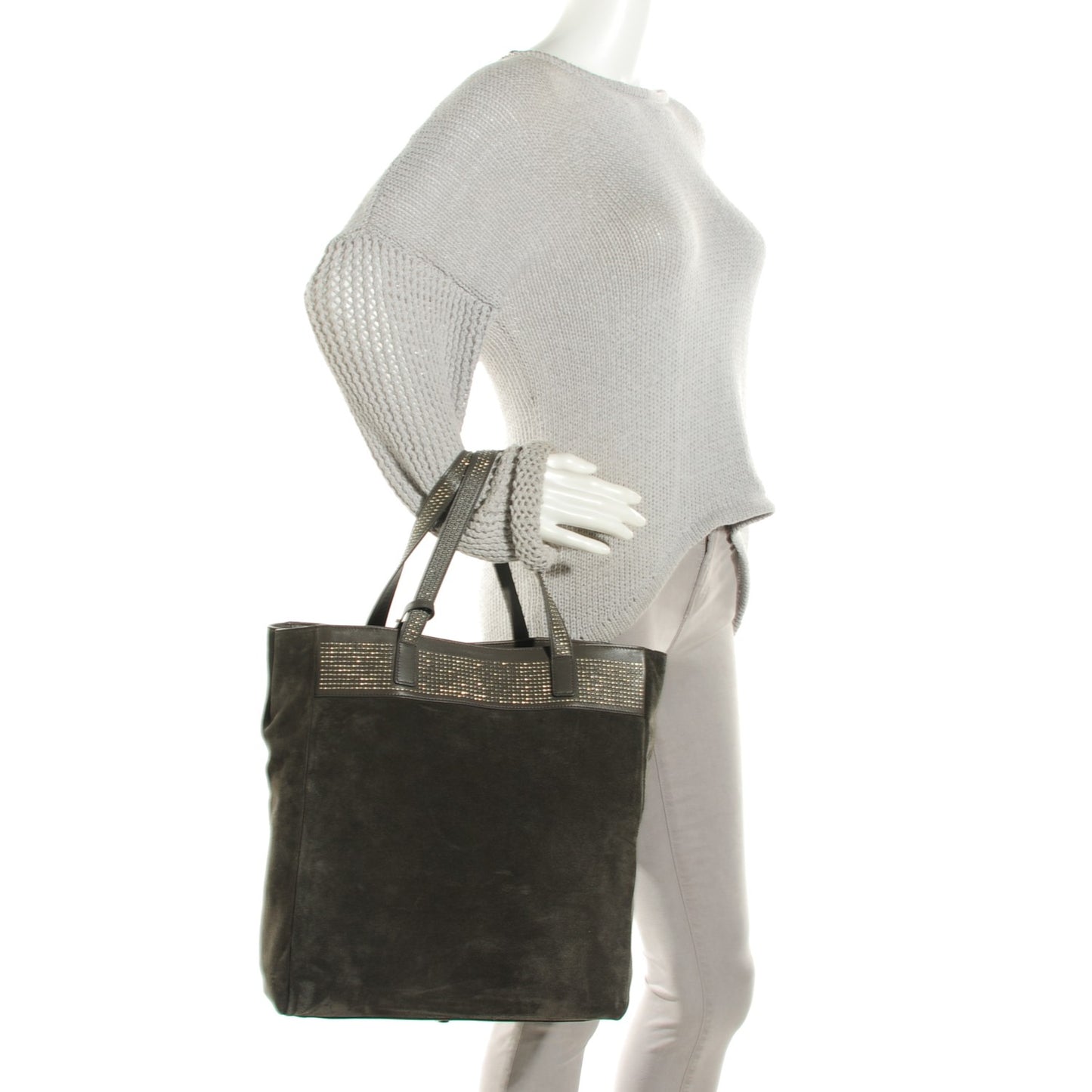 Suede Studded North South Shopper Tote Earth