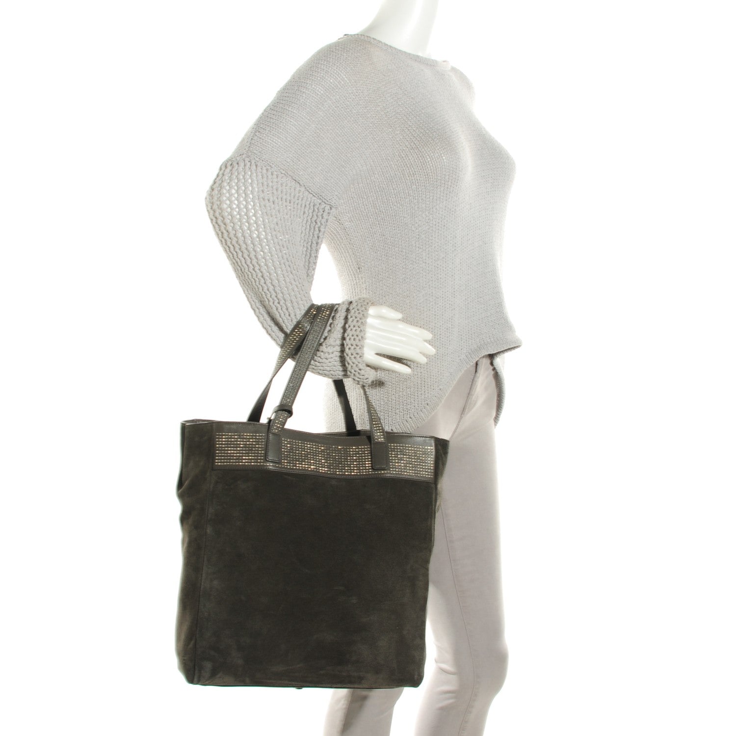 Saint Laurent Suede Studded North South Shopper Tote Earth 2 of 9